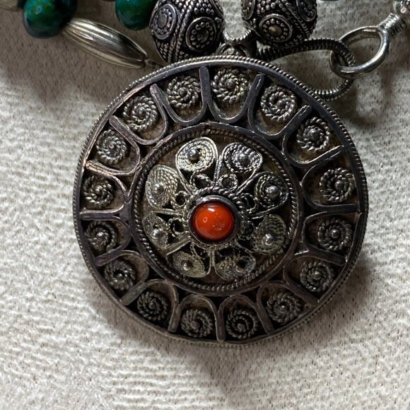 Vintage Yemenite Filigree 925 Silver Coral Turquoise Necklace 34” - Picture 10 of 16